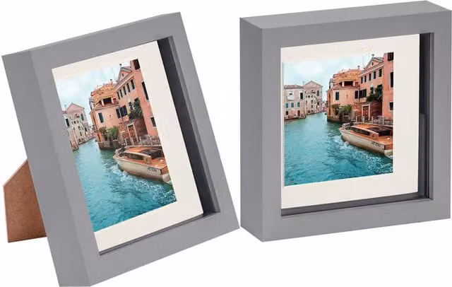 Nicola Spring Pack of 2 Square 3D Box Photo Frames in Grey and Yellow with 4 x 4 inch Mounts