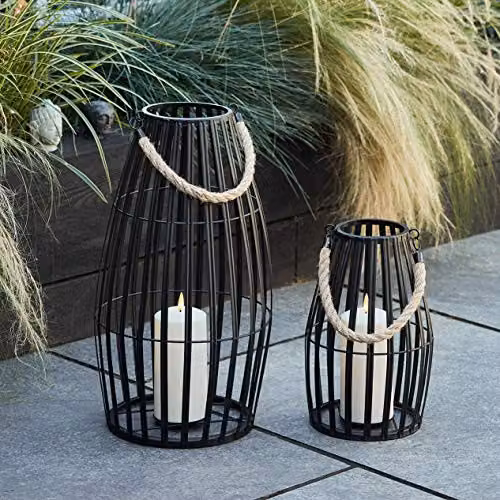 Lights4fun Set of 2 Black and White Metal Cage Waterproof Outdoor LED TruGlow Candle Lanterns – 2