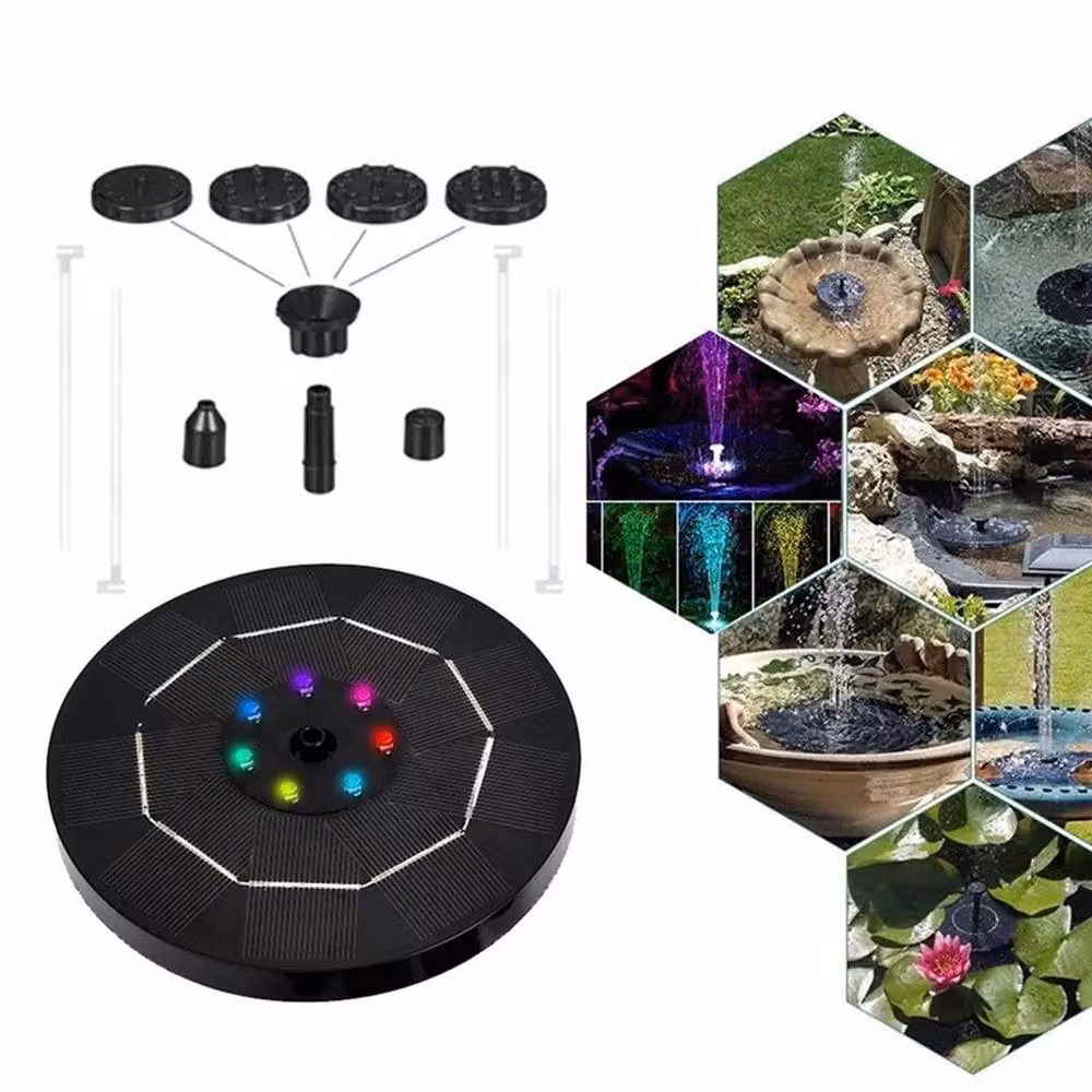 FLAVORA Solar Fountain Pump with 8 LED Lights in Black for Garden Pools, Ponds and Aquariums – 2