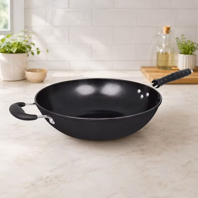 Gr8 Home Black Non Stick Carbon Steel Wok Frying Pan, 34 cm