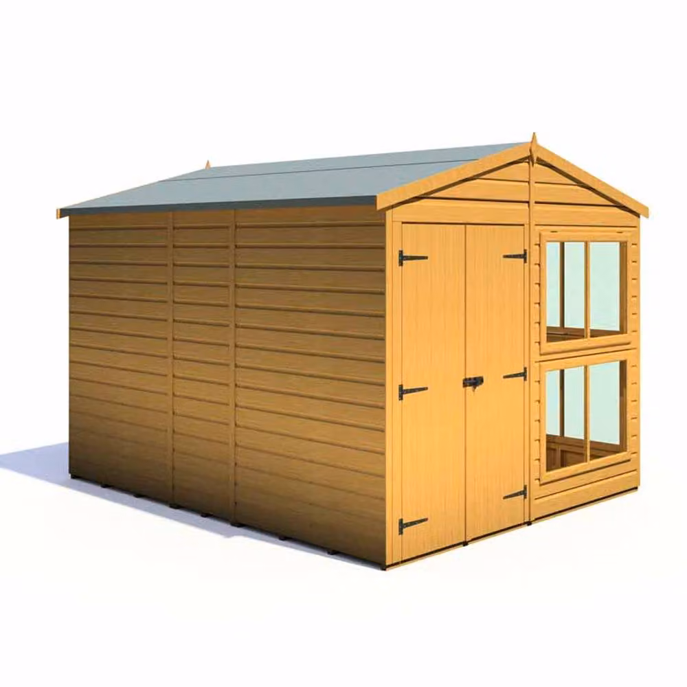 Shires Sun Hut Brown Wooden Potting Shed with Tempered Glass Windows and Shelving, W: 244.8 cm, D: 298 cm, H: 222.5 cm – 2