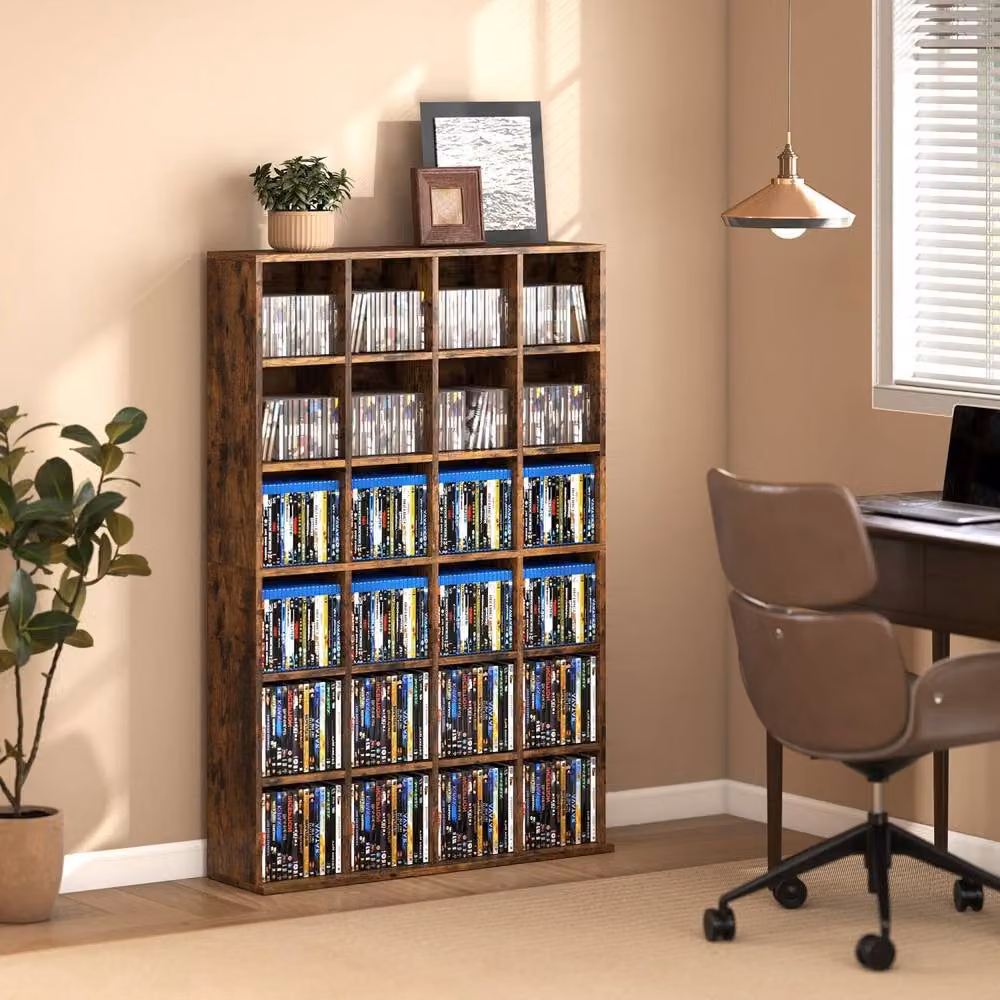 Wyld Haus Limi Rustic Brown Wooden CD and DVD Storage Cabinet with Adjustable Shelves, H: 89.0 cm, W: 32.0 cm, D: 20.0 cm – 3