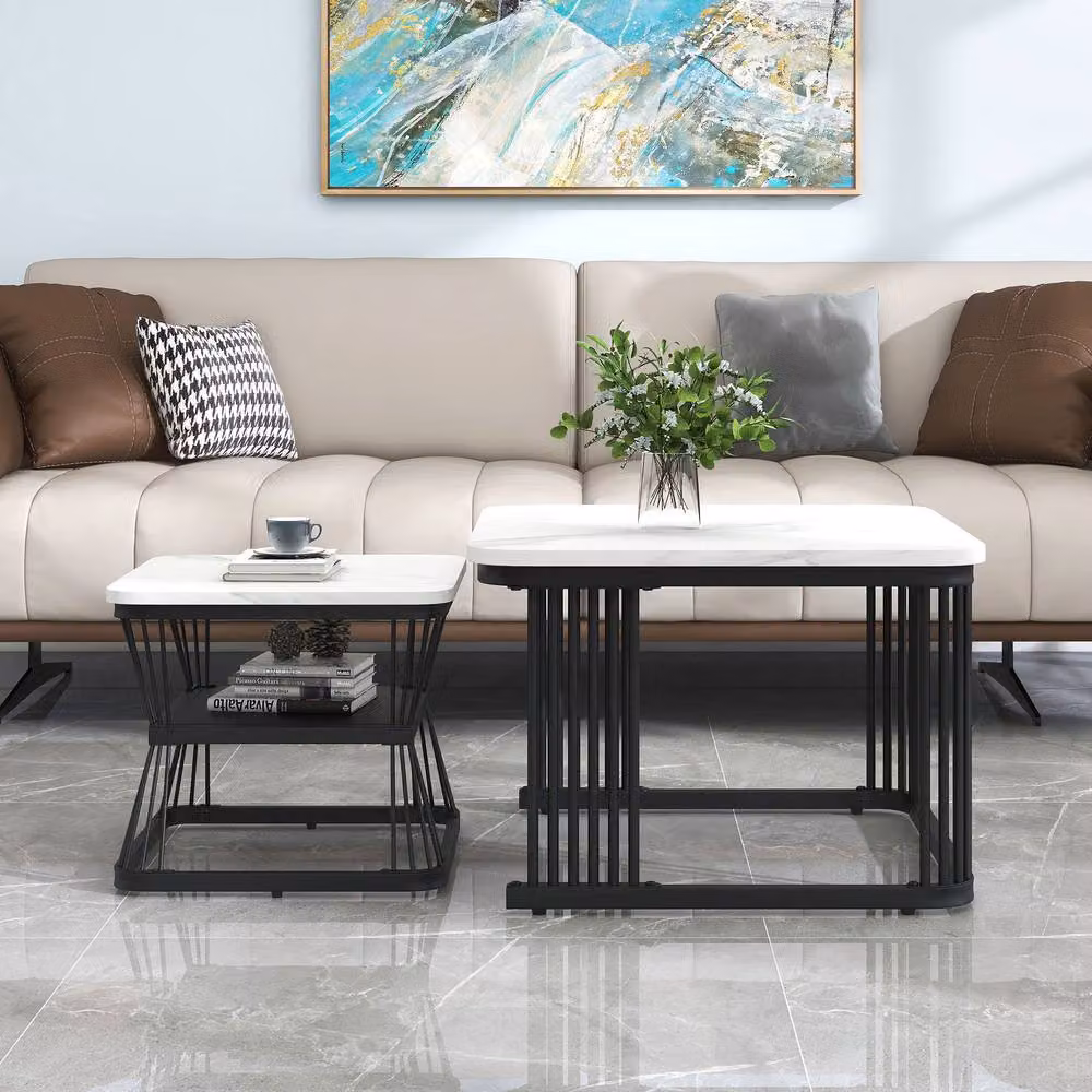 ModernLuxe Set of 2 Nesting Coffee Tables with White Marble Tops and Metal Legs – 2