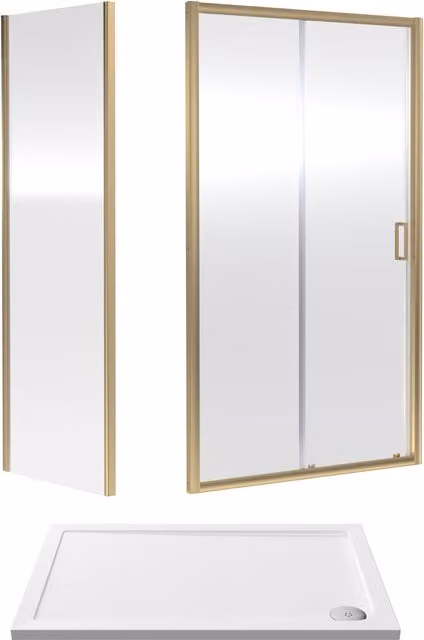 Balterley Ruwa Sliding Shower Suite with Rectangular Tray and 6mm Clear Glass Door Panel, Gold, W/D/H: 120 x 80 x 190 cm