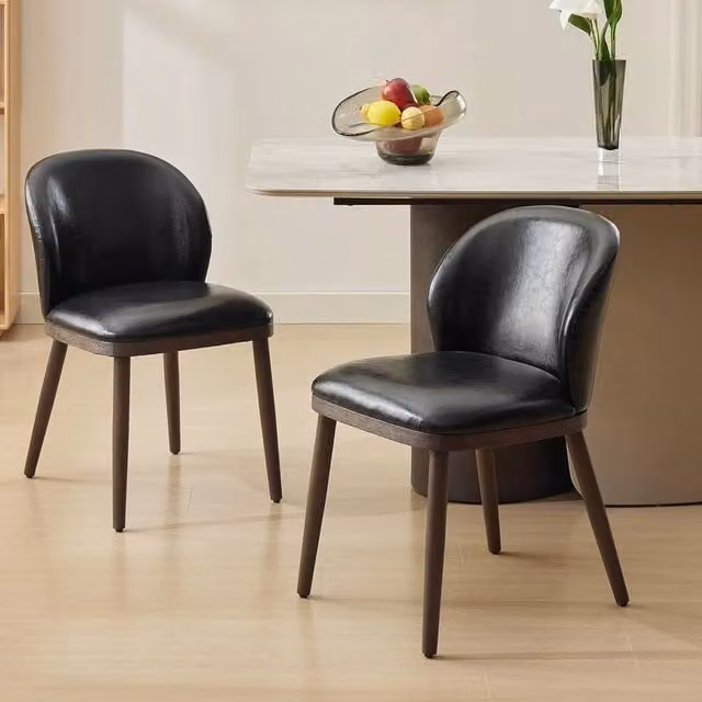 VOGREX Set of 2 Black Synthetic Leather Upholstered Dining Chairs with Ergonomic Back and Wood Legs