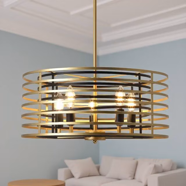 NIVOR 4 Light Adjustable Farmhouse Pendant Chandelier in Gold with Transparent Glass, E14 – 1