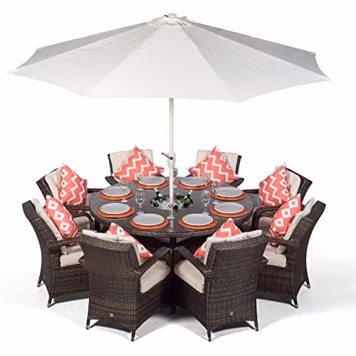 Thats Furniture Giardino Arizona 8 Seater Rattan Garden Dining Set with Ice Bucket Cooler in Brown and Grey, Diameter: 155 cm