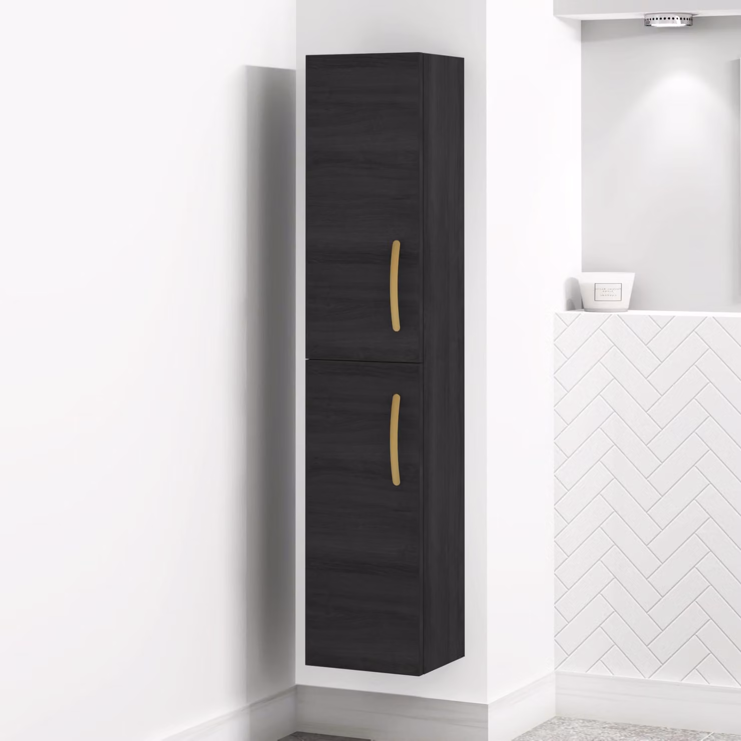 Royal Bathrooms Modern Turin Black 2-Door Wall Hung Tall Boy Cabinet Unit with Brushed Brass Handles, H 145 cm x W 30 cm x D 30 cm