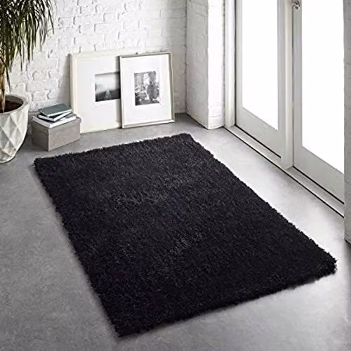 Rugs Direct Modern Plain Black Rectangular Polyester Rug, W/D/H: 200 x 140 x 5 cm