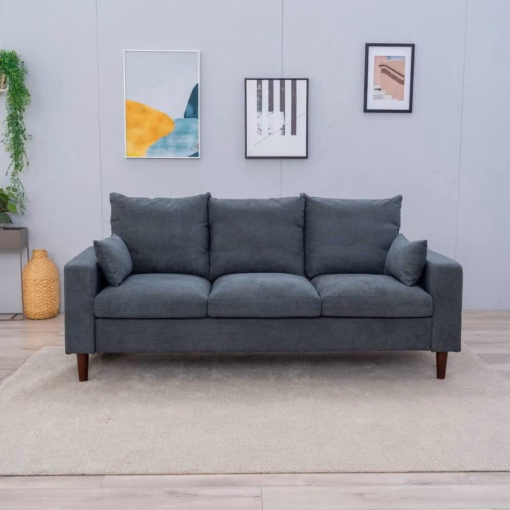 FORGEVIO Grey 3 Seater Linen Fabric Upholstered Sofa with Metal Frame – 3