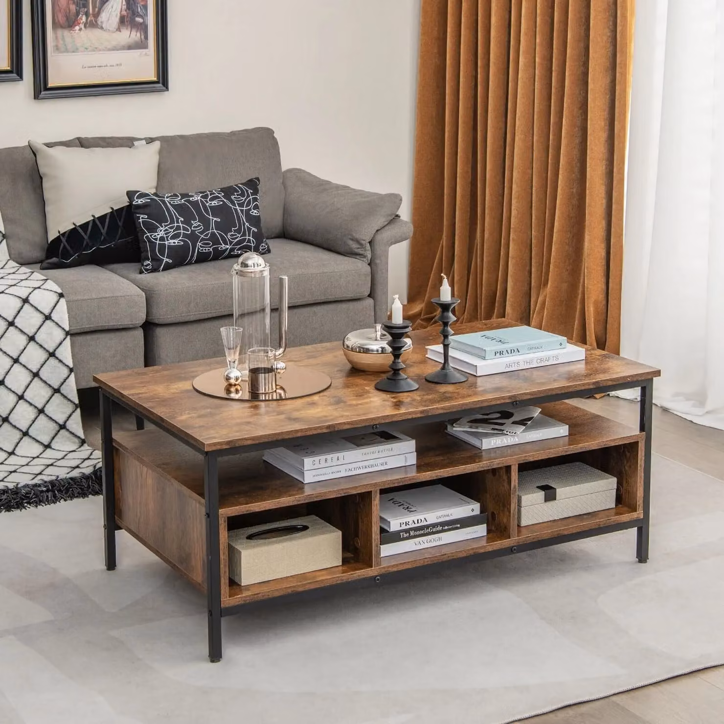 Costway Industrial Wooden Coffee Table with Storage Shelf in Brown – 3