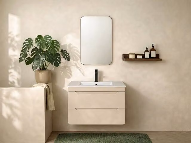 Vente-unique Suspended Bathroom Vanity Unit with Inset Ceramic Basin, Beige, W: 80 cm, D: 46 cm, H: 59 cm