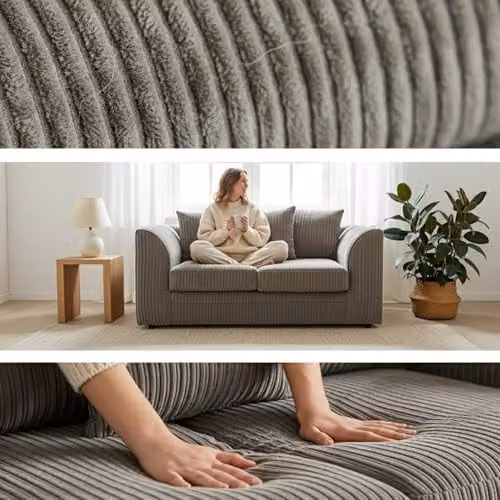 Bliss Furniture Grey Jumbo Cord 2 Seater Scatter Back Sofa with Removable Covers and Solid Wood Frame, W/D/H: 155 x 87 x 75 cm – 3