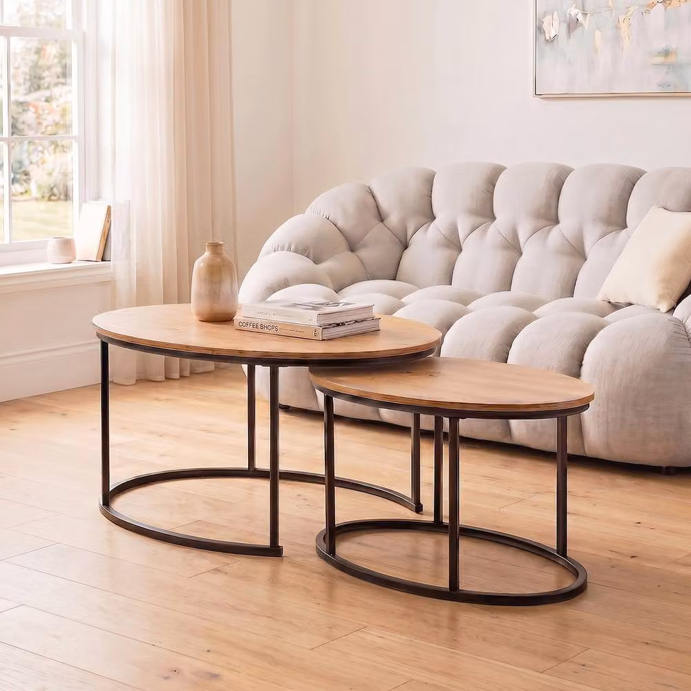 CALICOSY Lenny Set of 2 Oval Nesting Coffee Tables in Light Brown Oak Effect, W/D/H: 90 x 60 x 45 cm and 60 x 45 x 45 cm – 2