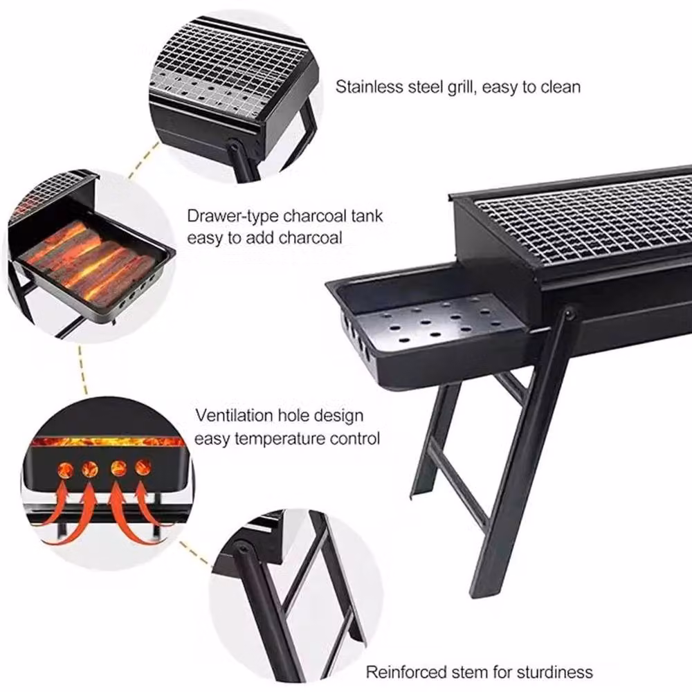 NESTLUNE Portable Folding Charcoal BBQ Tabletop Camping Grill in Black, W: 100 cm, D: 60 cm, H: 33 cm – 4