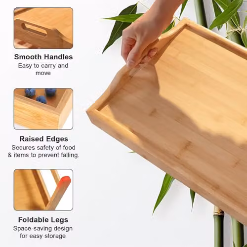 Mantraraj Bamboo Bed Tray Table with Foldable Legs and Handles in Brown, W: 60.5 cm, D: 30 cm, H: 23 cm – 2
