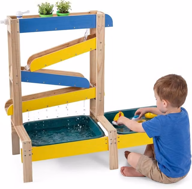 Costway Montessori Sensory Sand and Water Play Table in Natural Wood with Sandbox and Drain Valve, Multicolour