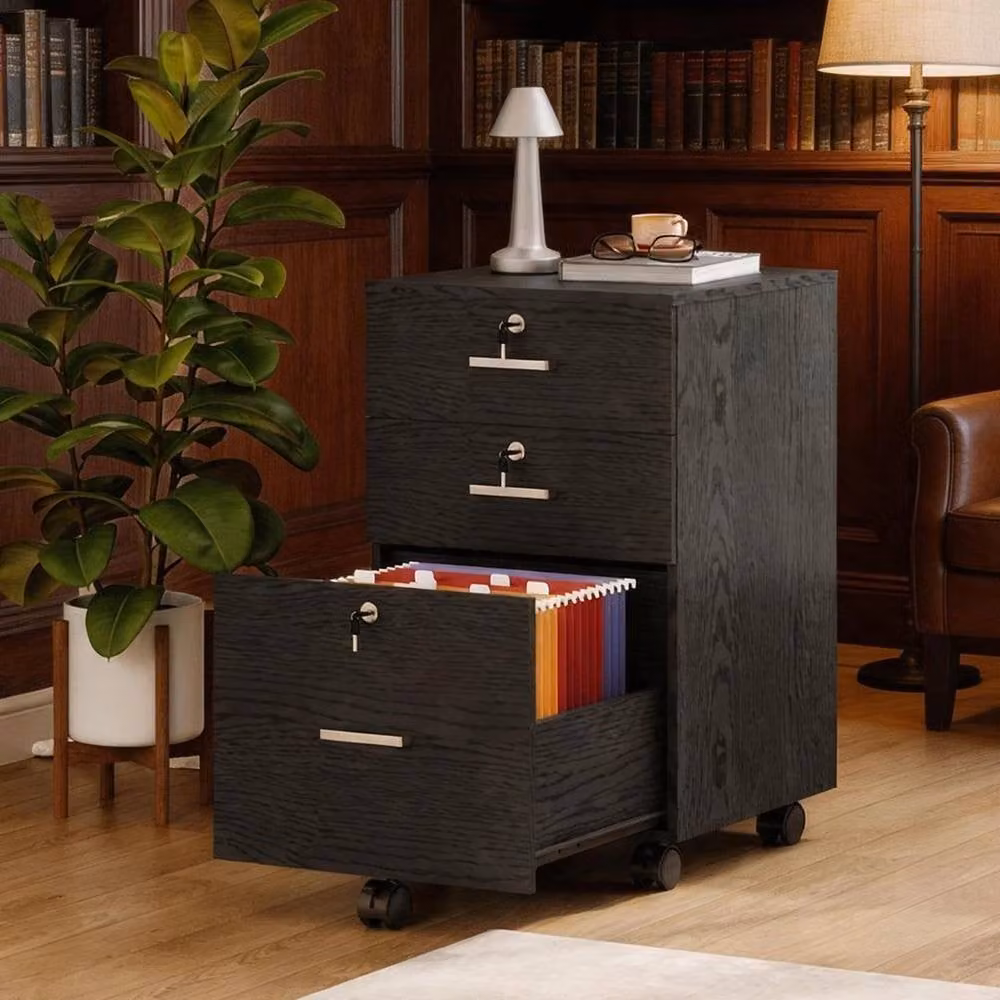 KORVIXA 3 Drawer Rolling File Cabinet in Black with Lock and Castors – 3