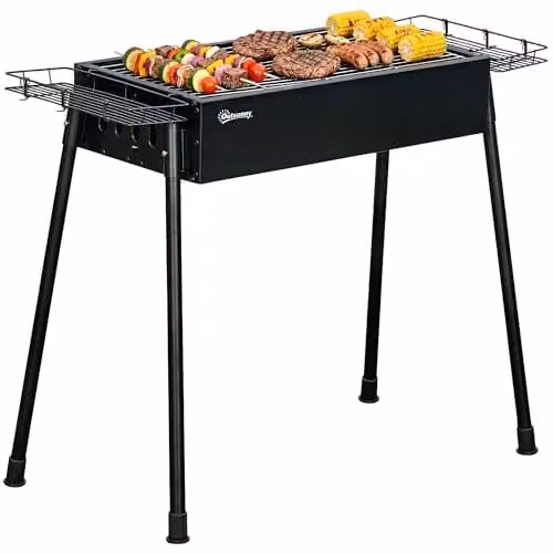 Outsunny Portable Charcoal Barbecue Grill with Seasoning Baskets and Hooks, Black