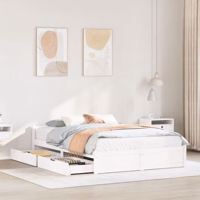 Berkfield Home King Size Solid Wood Pine Bed Frame with Drawers, White, W: 150 cm, L: 200 cm