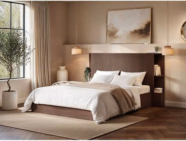 Solace+Co Zora Ottoman Bed with Headboard Shelves in Walnut Brown, W/D/H: 140 x 200 cm – 1