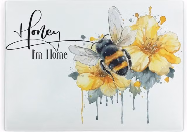Purely Home Honey I'm Home Bee Glass Kitchen Chopping Board, Yellow and White, Rectangular