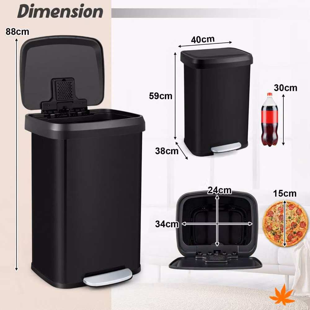 Costway 50L Stainless Steel Step Trash Can with Soft Close Lid and Odour Filter, Black – 2