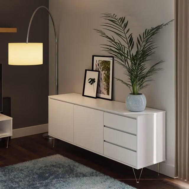 Timber Art Design UK Modern 2 Door 3 Drawer Sideboard Cabinet in Glossy White and Gold
