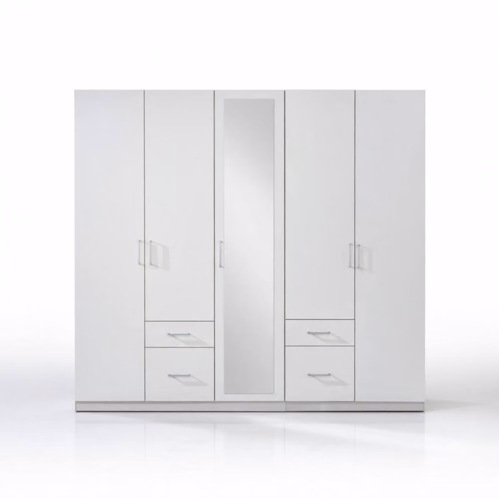 KDMD Fly White 5 Door Wardrobe with Mirror and 4 Integrated Drawers, Width: 225 cm – 2