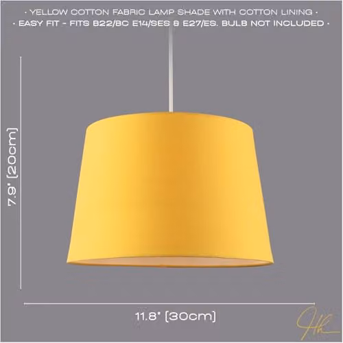 Happy Homewares Modern Yellow Cotton Fabric Cylinder Drum Lampshade with White Inner Lining, W/D/H: 30 x 20 x 30 cm – 2