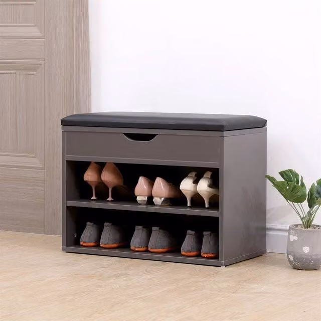 FORGEVIO Modern Wooden Shoe Rack Storage Cabinet with Grey Synthetic Leather Cushion Seat – 1