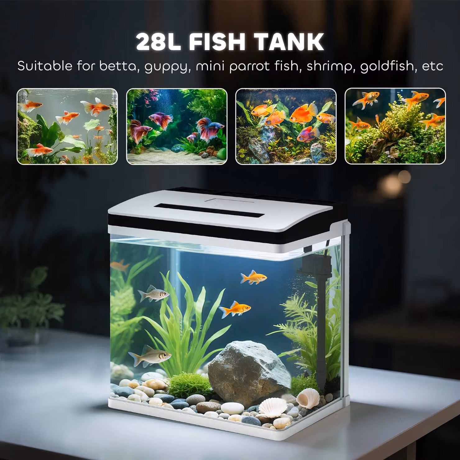 PAWHUT 28L Glass Aquarium Fish Tank for Betta, Guppy, Mini Parrot Fish and Shrimp, White – 4