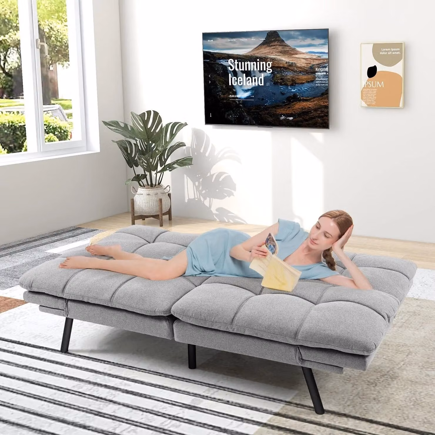 Costway 2 Seat Convertible Loveseat Sofa Bed with Memory Foam Sleeper in Grey – 4