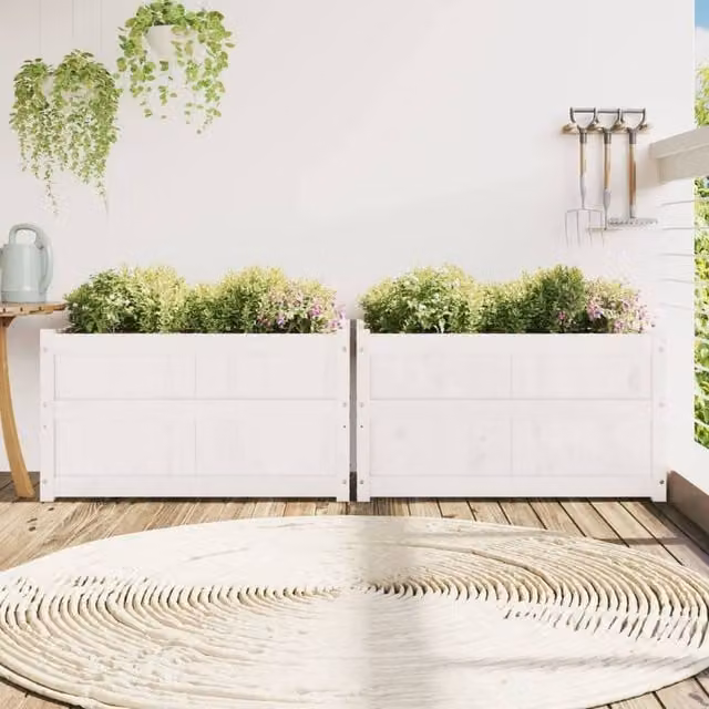 Berkfield Home Set of 2 White Solid Wood Pine Garden Planter Tubs