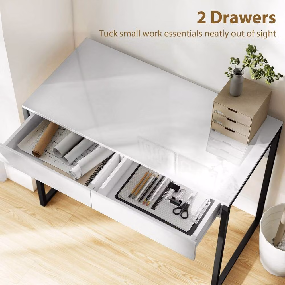 VOGREX Modern High Gloss Computer Desk in White and Black with Single Pedestal and Metal Sled Base, W/D/H: 100 x 60 x 75 cm – 5
