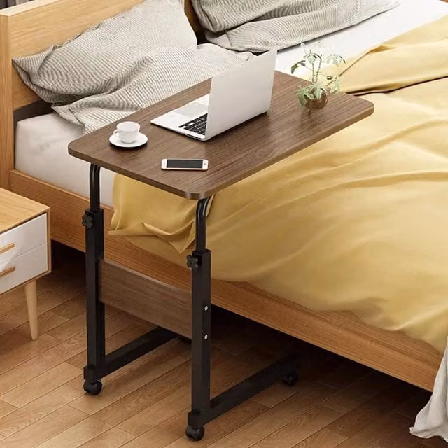 EONLION Brown Wood Adjustable Overbed Bedside Table with Castors – 1