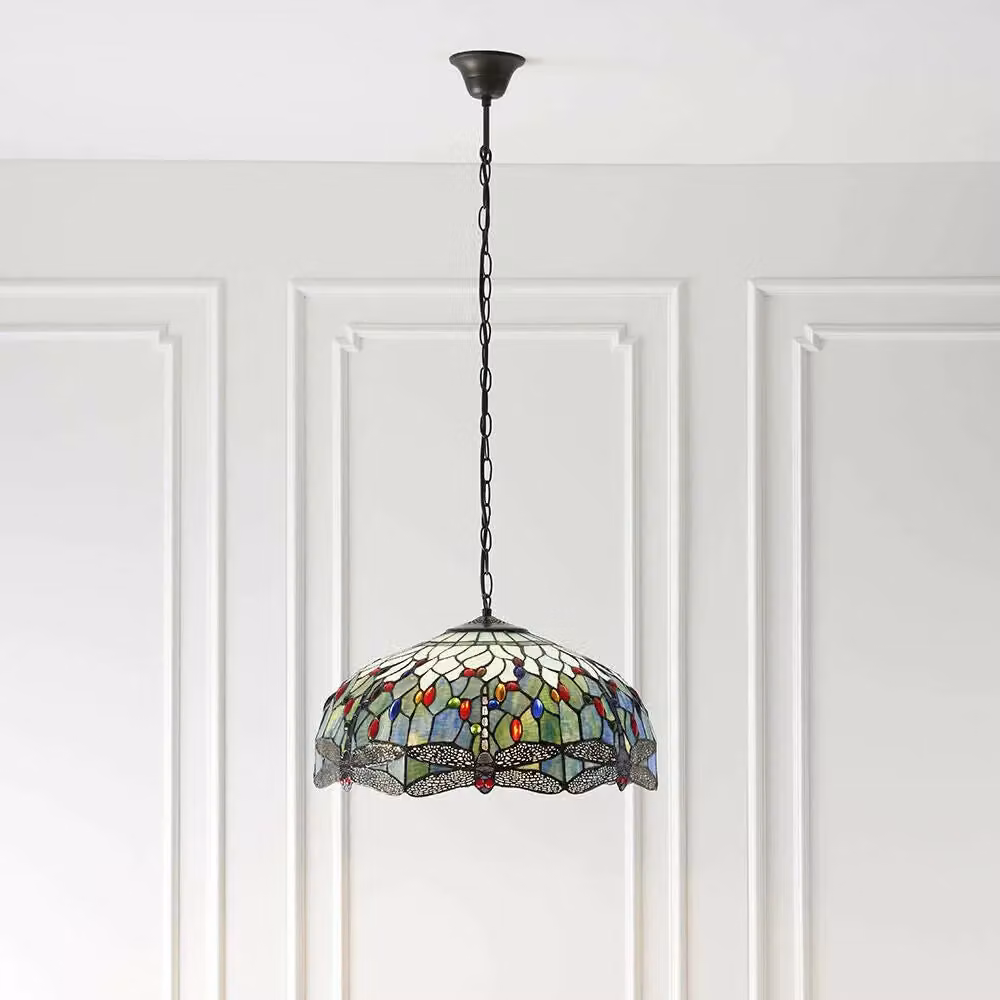 Loops Tiffany Glass Hanging Ceiling Pendant Light with Blue Dragonfly Design in Blue, Multicolour and Transparent Glass with Bronze Metal Finish – 3