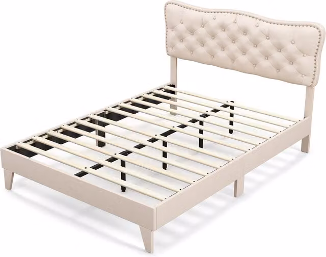Costway Modern Upholstered Platform Bed Frame in Beige and Brown, W/D/H: 140 x 200 cm