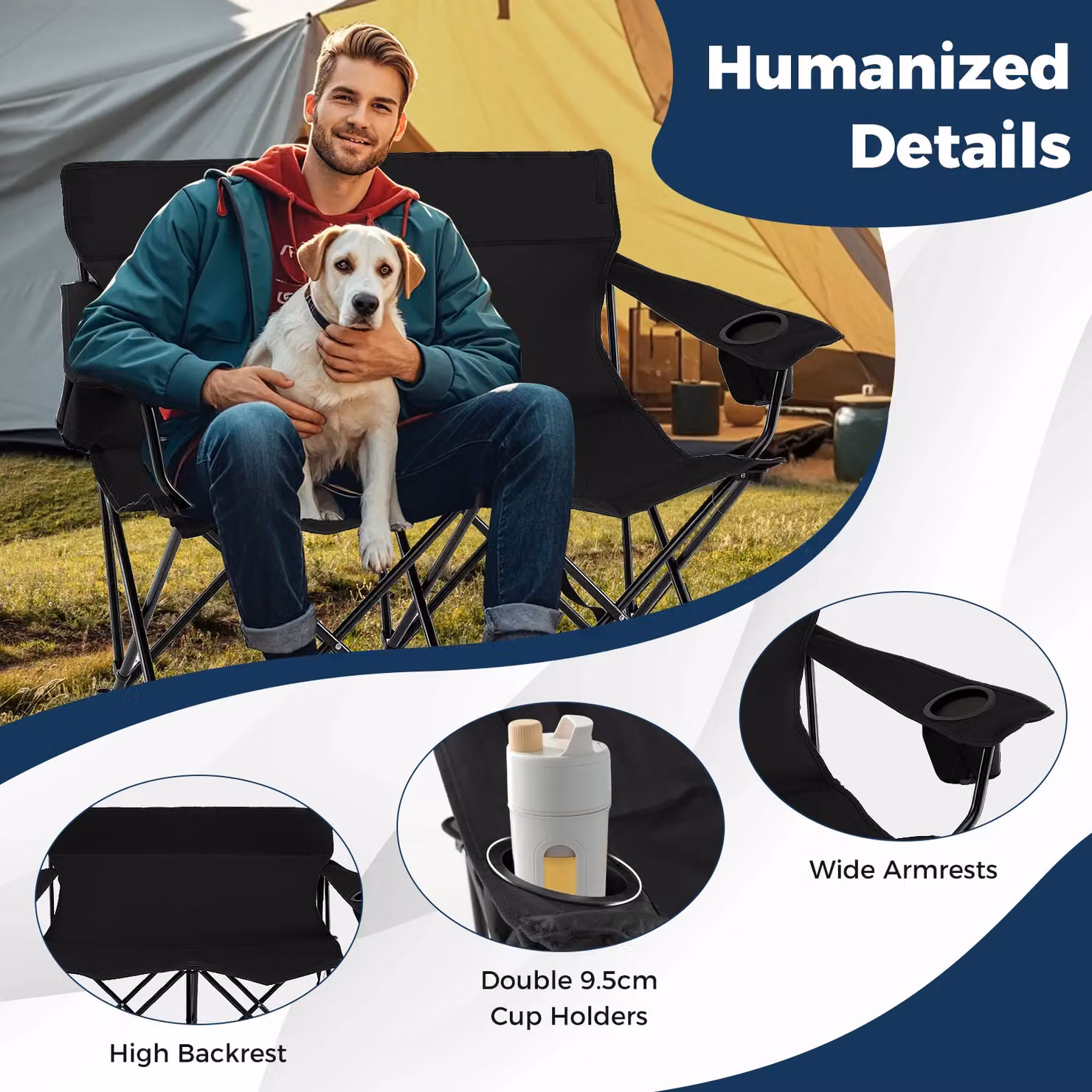 Gymax Oversized Double Camping Chair for 2 Adults in Black with Armrests and Cup Holders – 5