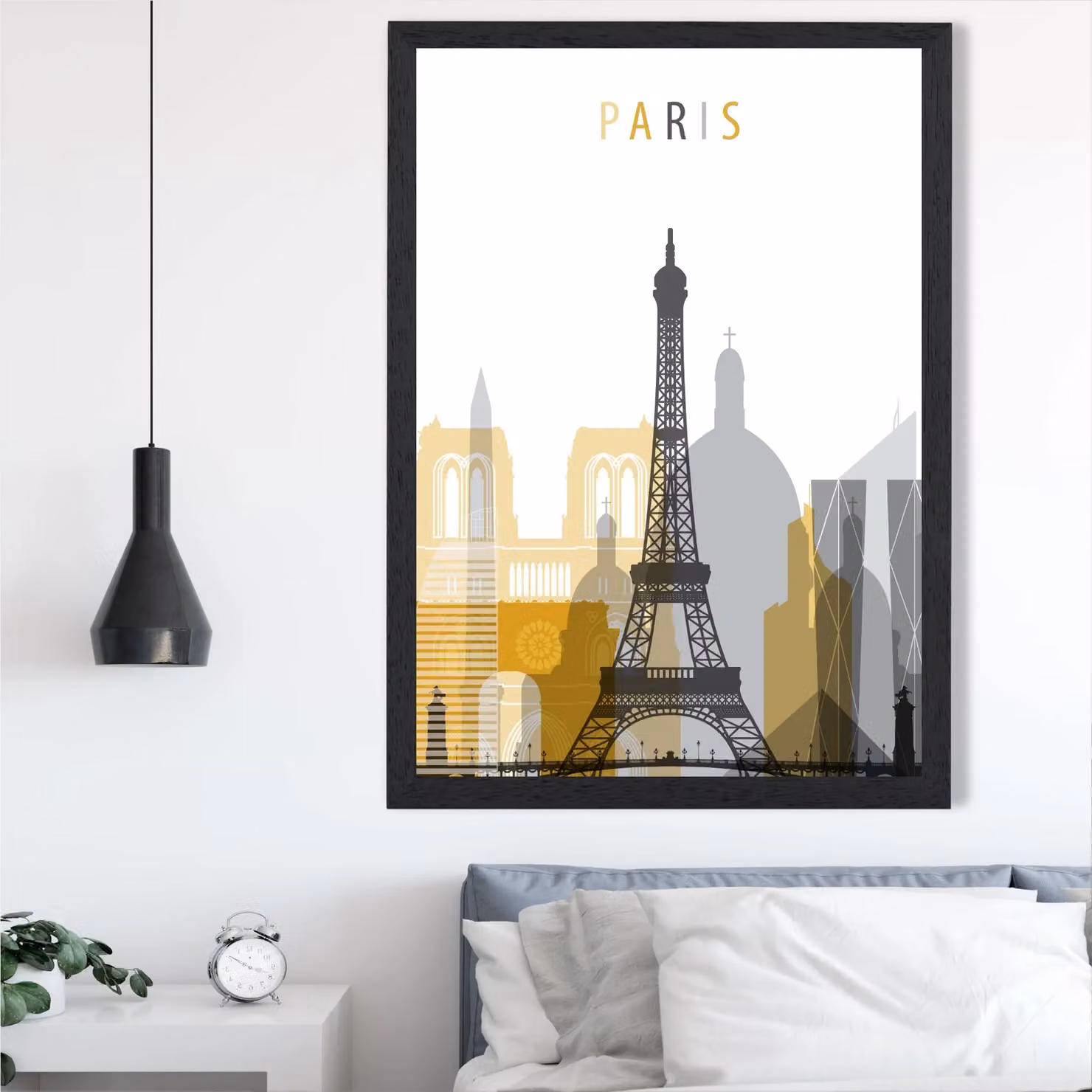 ARTZE Paris Yellow and Grey City Skyline Framed Print with Black Frame – 2
