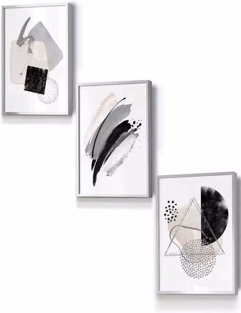 ARTZE Abstract Watercolour Shapes Framed Wall Art in Black, Grey and Ivory with Metallic Silver Frame, W: 33 cm, H: 45 cm, D: 0.2 cm