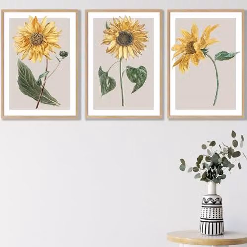 ARTZE Set of 3 Vintage Sunflower Botanical Wall Art Paper Posters in Yellow and Beige, W: 29.7 cm x H: 42 cm