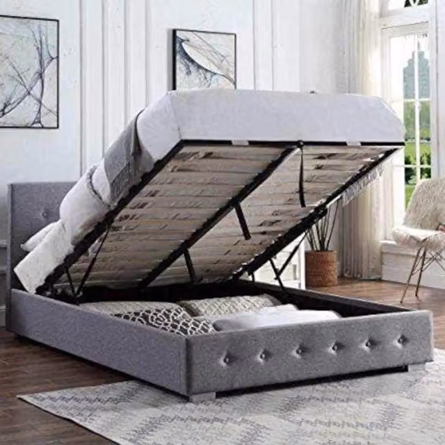 Home Treats Modern Grey Upholstered Storage Ottoman Bed Frame with Hybrid Mattress, W/D/H: 140 x 200 cm