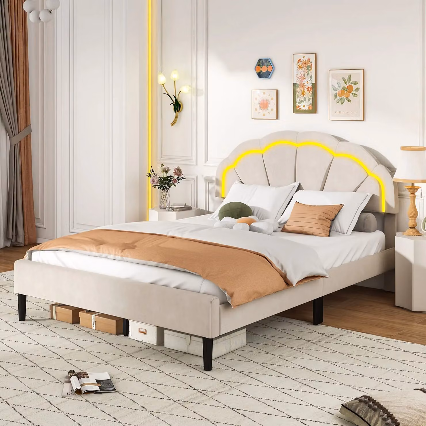 Gymax King Upholstered LED Bed Frame with Adjustable Petal Headboard and Under-bed Lighting in Beige Velvet Fabric, W/D/H: 180 x 200 cm – 2