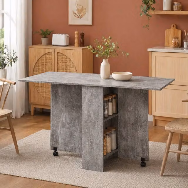 STILVORA Modern Grey Drop Leaf Dining Table with Castor Wheels and Storage – 1