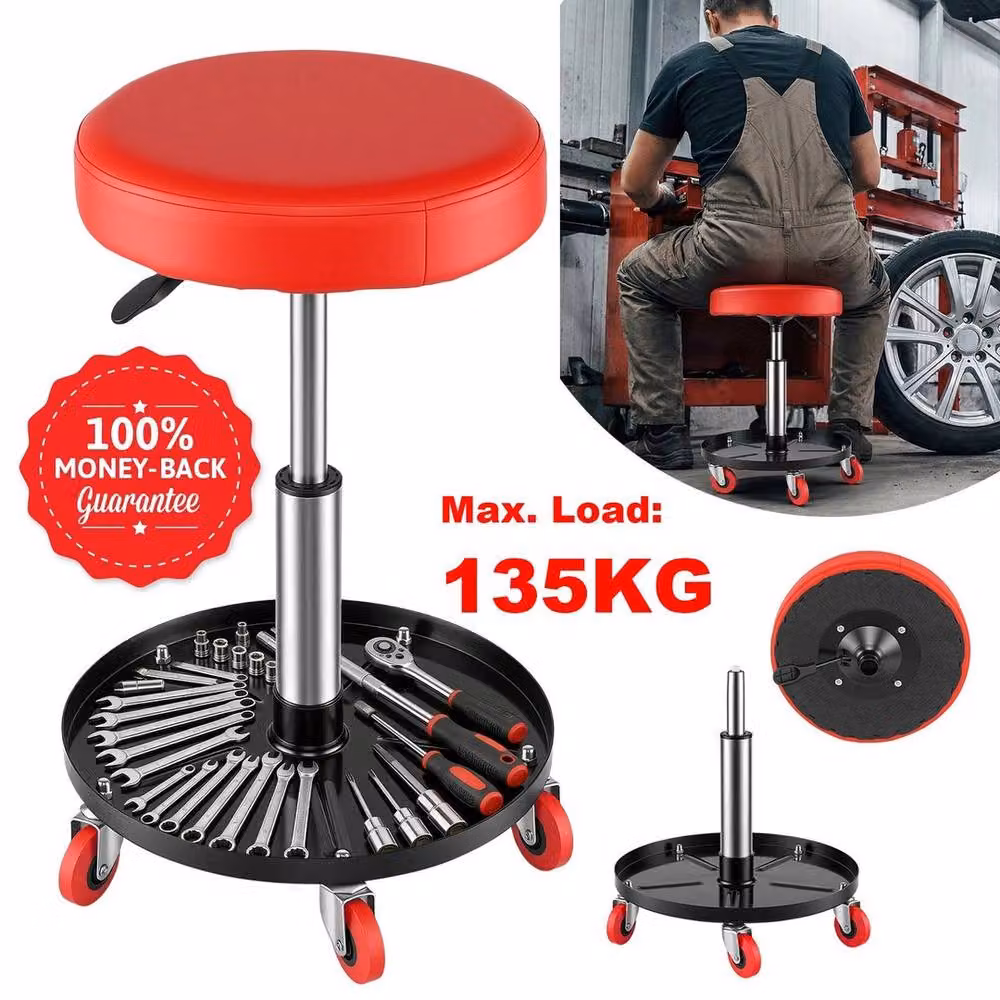 FLAVORA Adjustable Padded Mechanic Rolling Stool with Castors in Red – 3
