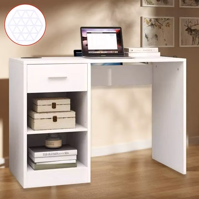 Ventryn White Computer Desk with Drawer and 2 Shelves, W: 100 cm, H: 74.5 cm, D: 40 cm