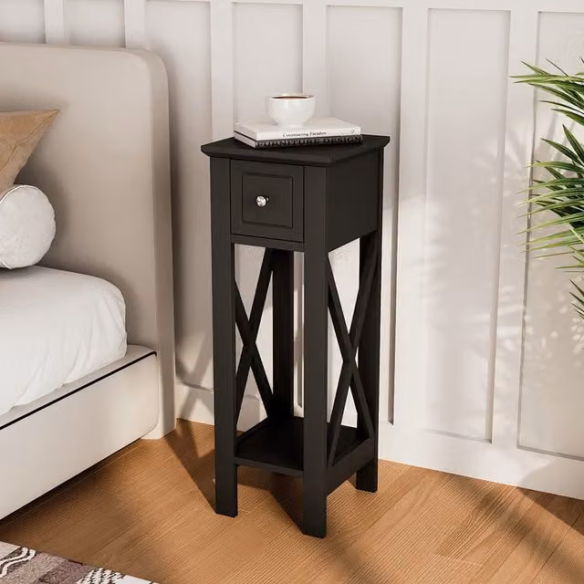 Livingandhome Modern Black Bedside Table with Drawer and Silver Accents