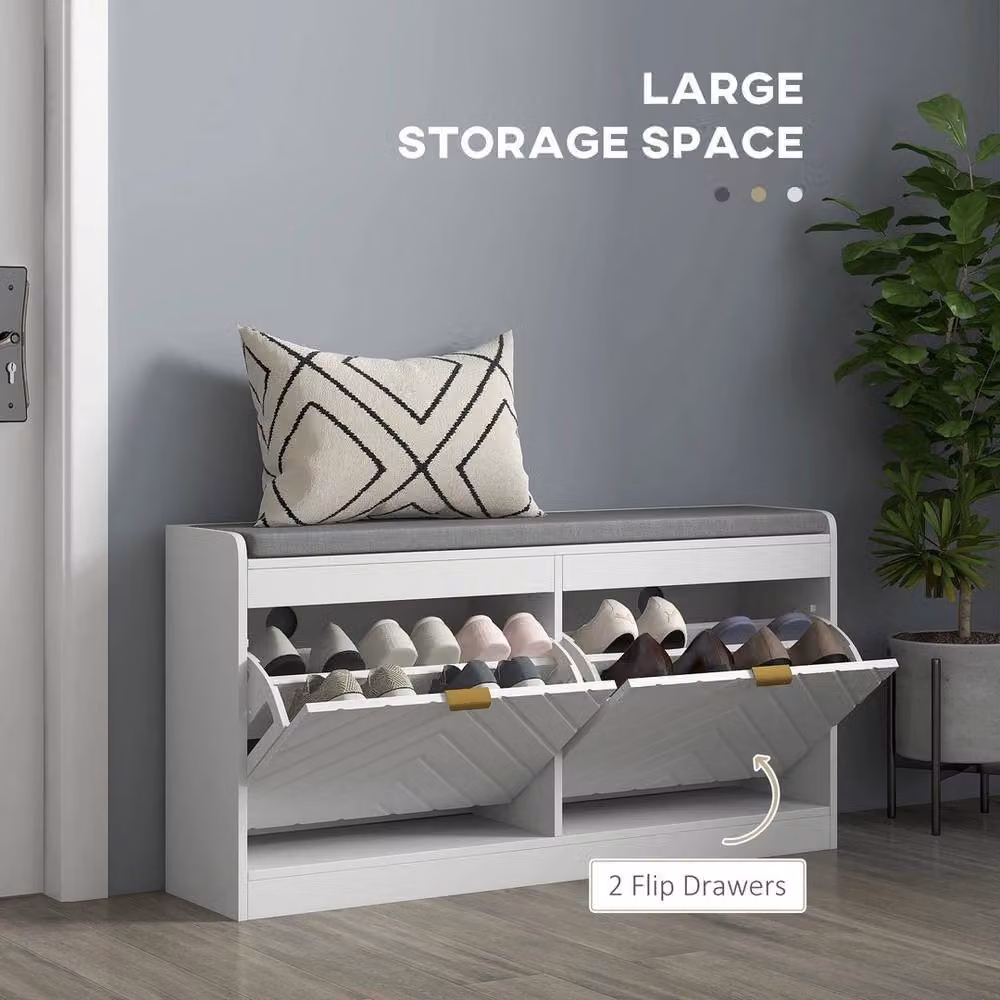 KORVIXA Shoe Storage Bench with 2 Flip Drawers in White and Gold with Fabric Seat, W/D/H: 52.5 x 106.0 x 42.5 cm – 2
