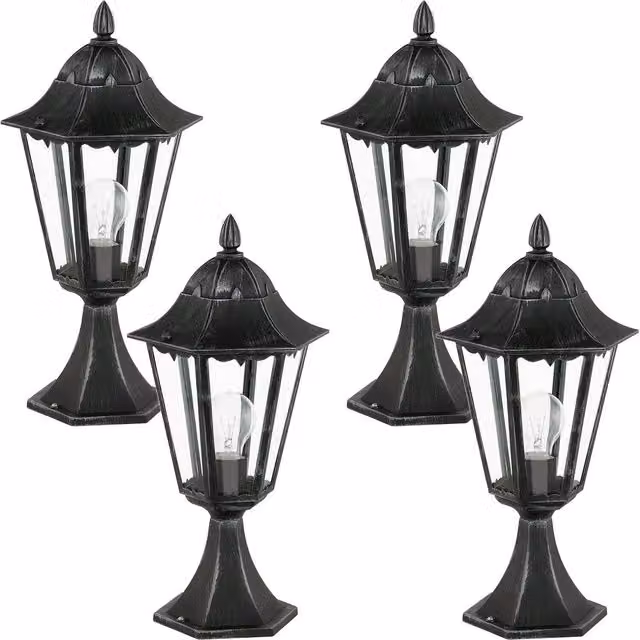 Loops 4 Pack IP44 Outdoor Pedestal Lanterns in Black and Silver Patina with E27 Bulb Holder
